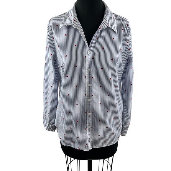 Talbots Blue White Red Top Cotton Striped Heart Collared Button-Up Size Small S - Picture 1 of 10